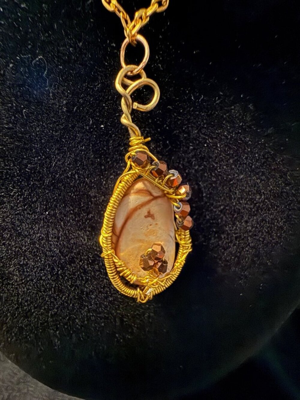 Beach Stone Wire-Wrapped Pendant on Gold Chain